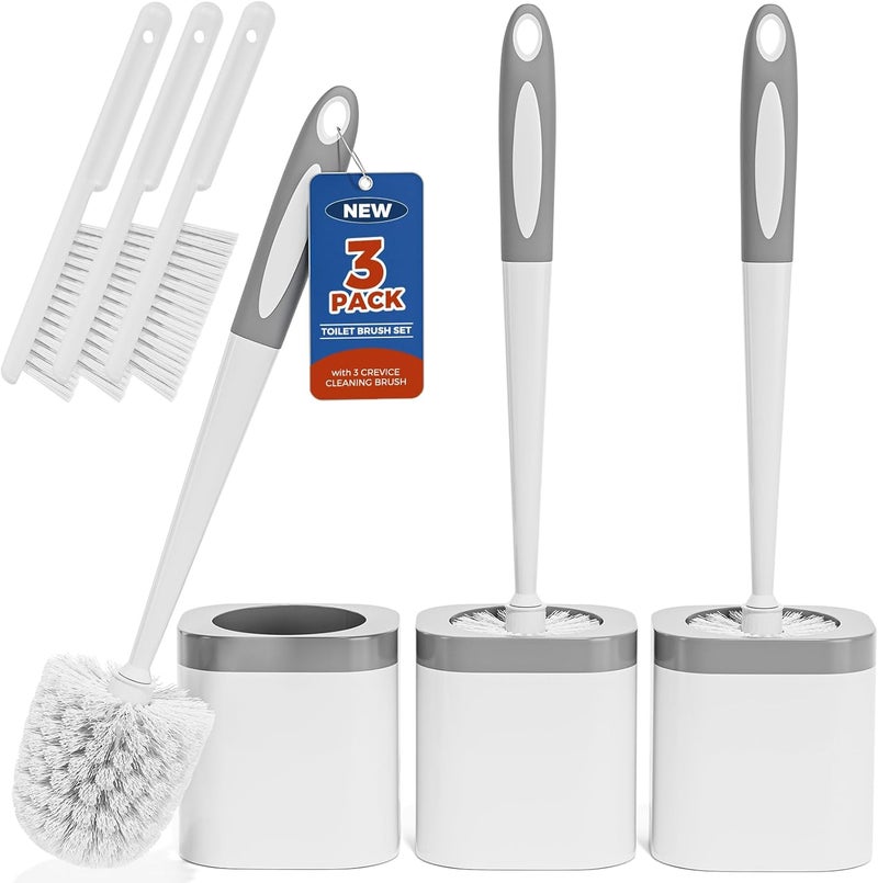 Holaloha Toilet Brush, 3 Pack Toilet Brush and Holder Set Bathroom Accessories, Toilet Bowl Brush and Holder with 3 Crevice Brush for Bathroom, Toilet Scrubber Brush (White) - Image 1